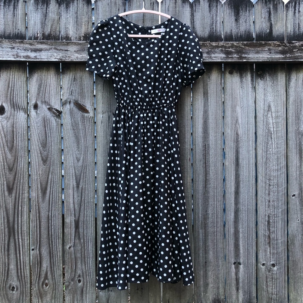 Cherry Style Black & White Polka Dot Midi Dress Short Sleeves Retro